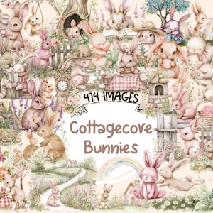 Cottagecore Bunnies Watercolor Clipart Bundle - 414 PNG Rabbit Images, Countryside Bunny Graphics, Instant Digital Download, Commercial Use