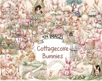 Cottagecore Bunnies Watercolor Clipart Bundle - 414 PNG Rabbit Images, Countryside Bunny Graphics, Instant Digital Download, Commercial Use