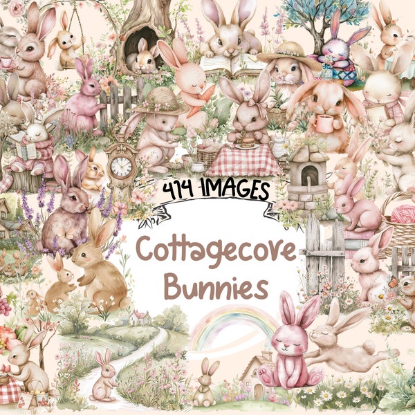 Cottagecore Bunnies Watercolor Clipart Bundle - 414 PNG Rabbit Images, Countryside Bunny Graphics, Instant Digital Download, Commercial Use