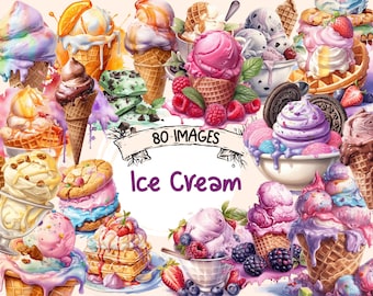 Ice Cream Watercolor Clipart Bundle -  80 PNG Images of Flavored Tasty Desserts, Sweet Treats, PNG, Instant Digital Download, Commercial Use