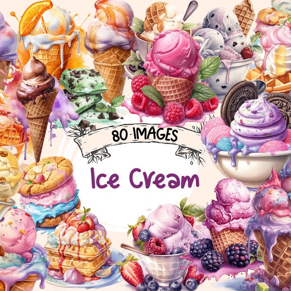 Ice Cream Watercolor Clipart Bundle -  80 PNG Images of Flavored Tasty Desserts, Sweet Treats, PNG, Instant Digital Download, Commercial Use