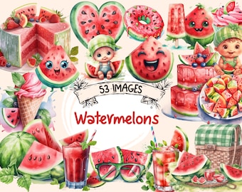Watercolor Watermelon Clipart Bundle: 53 Summer PNG Images (Digital Download)