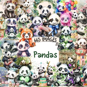 Pandas Watercolor Clipart Bundle - 665 PNG Cute Adorable Panda Images, Bamboo-Eating Bear Graphics, Instant Digital Download, Commercial Use