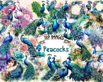 Paquete de imágenes prediseñadas de acuarela de pavos reales - 139 imágenes PNG, gráficos de aves majestuosas, imprimibles coloridos, descarga digital instantánea, uso comercial