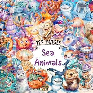 Sea Animals Watercolor Clipart Bundle - 729 PNG Cute Marine Animal Images, Ocean Wildlife Graphics, Instant Digital Download, Commercial Use