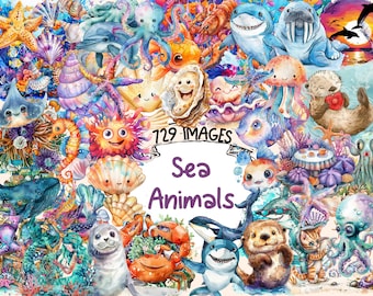 Watercolor Sea Animals Clipart Bundle: 729 PNG Marine Wildlife Images (Digital Download)