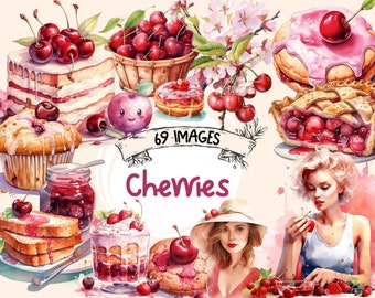 Watercolor Cherry Clipart: Summer Fruit PNG Bundle (Commercial Use)