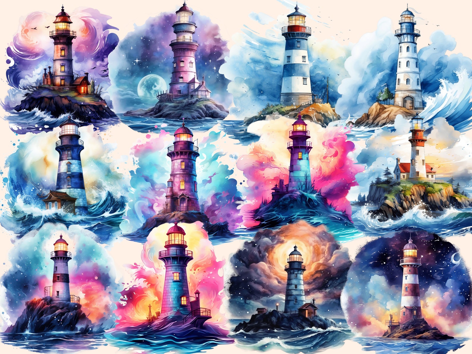 Lighthouses Watercolor Clipart Bundle: 78 Seaside PNG Images (digital ...