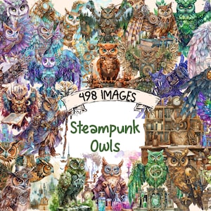 Steampunk Owls Watercolor Clipart Bundle - 498 PNG Mechanical Owl Images, Industrial Bird Graphics, Instant Digital Download, Commercial Use