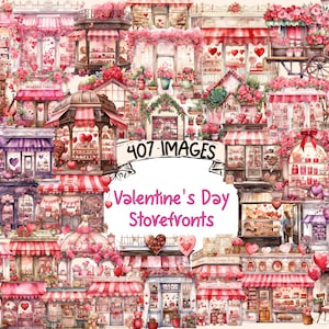 St. Valentine's Day Storefronts Watercolor Clipart Bundle - 407 PNG Romantic Storefront Images, Instant Digital Download, Commercial Use