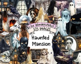 Haunted Mansion Watercolor Clipart Bundle: 325 Spooky PNG Images (Commercial Use)