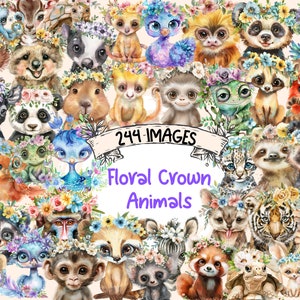 Floral Crown Animals Watercolor Clipart Bundle - 244 PNG Adorable Animal Images, Cute Pet Graphics, Instant Digital Download, Commercial Use