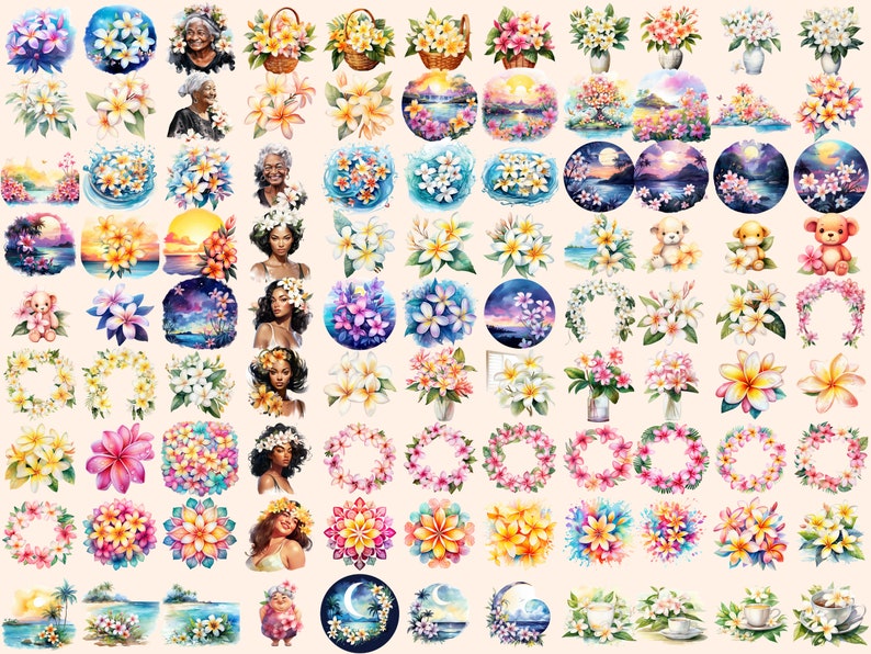 Plumeria Flowers Watercolor Clipart Bundle: 433 PNG Tropical Graphics ...