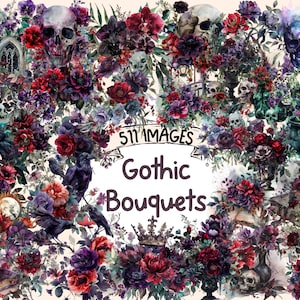 Gothic Bouquets Watercolor Clipart - 511 PNG Dark and Romantic Flower Arrangements, Floral Graphics, Instant Digital Download,Commercial Use