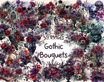 Gothic Bouquets Watercolor Clipart: Dark Floral Graphics (511 PNG) (Digital Download)
