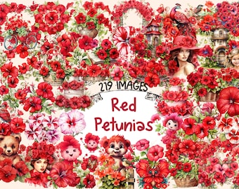 Red Petunias Watercolor Clipart Bundle: 219 Floral PNG Images (Digital Download)