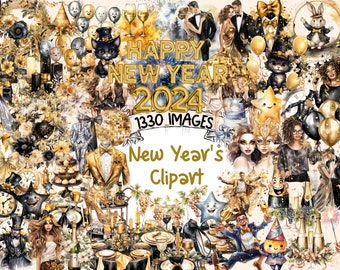 New Year's 2024 Watercolor Clipart Bundle: 1330 PNG Festive Images (Digital Download)