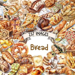 Può includere: Un'illustrazione ad acquerello di una varietà di pani, tra cui pane a lievitazione naturale, baguette, panini, pretzel e croissant. L'illustrazione è colorata e dettagliata, con una varietà di texture e forme. Il testo "237 IMMAGINI Pane" è scritto su uno stendardo nella parte superiore dell'immagine.