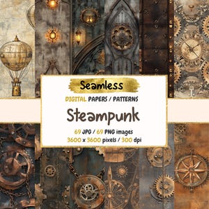 Steampunk Seamless Pattern Digital Papers - Vintage Textures, Victorian Gear Printable Paper Backgrounds, Instant Download, Commercial Use