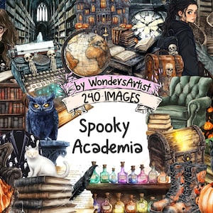 Spooky Academia Watercolor Clipart Bundle: Gothic Library (Commercial Use) (Digital Download)