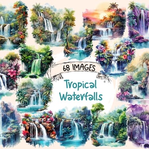 Tropical Waterfalls Watercolor Clipart: 68 PNG Images (Digital Download)