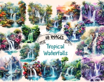 Tropical Waterfalls Watercolor Clipart: 68 PNG Images (Digital Download)