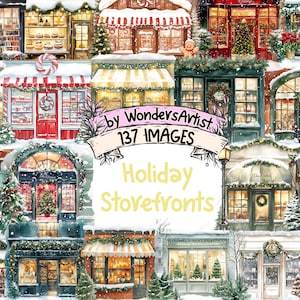 May include: A digital collage of 137 holiday storefront images. The storefronts are decorated with Christmas lights, wreaths, and other festive decorations. The text "Holiday Storefronts" is displayed in the center of the image.