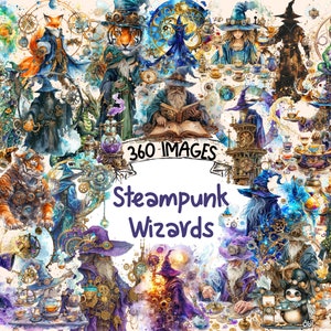 May include: A digital collage of watercolor illustrations featuring steampunk wizards, a tiger, a fox, a frog, and other fantastical creatures. The image includes the text "360 Images" and "Steampunk Wizards".