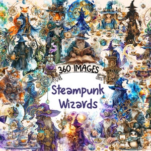 Steampunk Wizards Watercolor Clipart Bundle - 360 PNG Futuristic Wizard Images, Magical Graphics, Instant Digital Download, Commercial Use