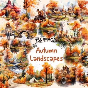 Autumn Landscapes Watercolor Clipart Bundle -256 PNG Fall Landscape Images,Seasonal Scenery Graphics,Instant Digital Download,Commercial Use