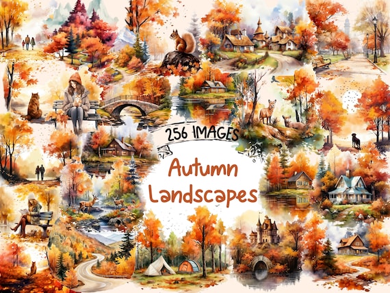 Watercolor Autumn Landscape Clipart: 256 PNG Images (Digital Download)
