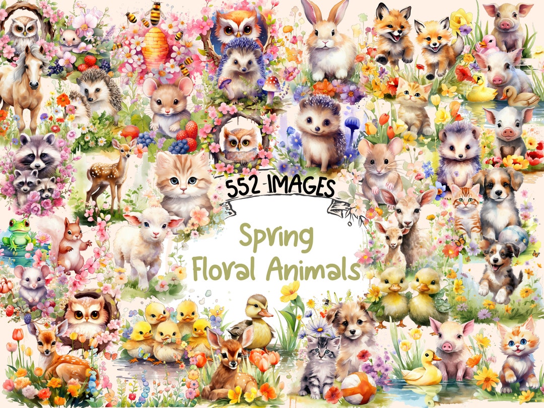 Bitmap Spring Animals Watercolor Spring Animals Clipart Bundle: 552 Floral PNG Images ...