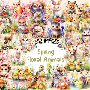 Spring Floral Animals Watercolor Clipart Bundle - 552 PNG Springtime Pet Images with Floral Accents, Instant Digital Download,Commercial Use