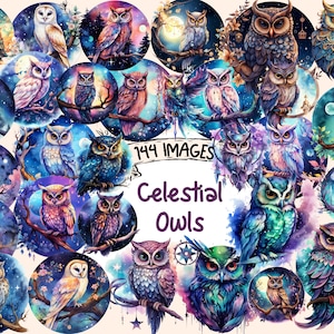 Celestial Owls Watercolor Clipart Bundle - 144 PNG Magical Fantasy Images, Galaxy Night Graphics, Instant Digital Download, Commercial Use