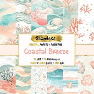 Papiers numériques motif brise côtière sans couture - textures fraîches de l'océan, arrière-plans de papier imprimable sereins, téléchargement immédiat, usage commercial