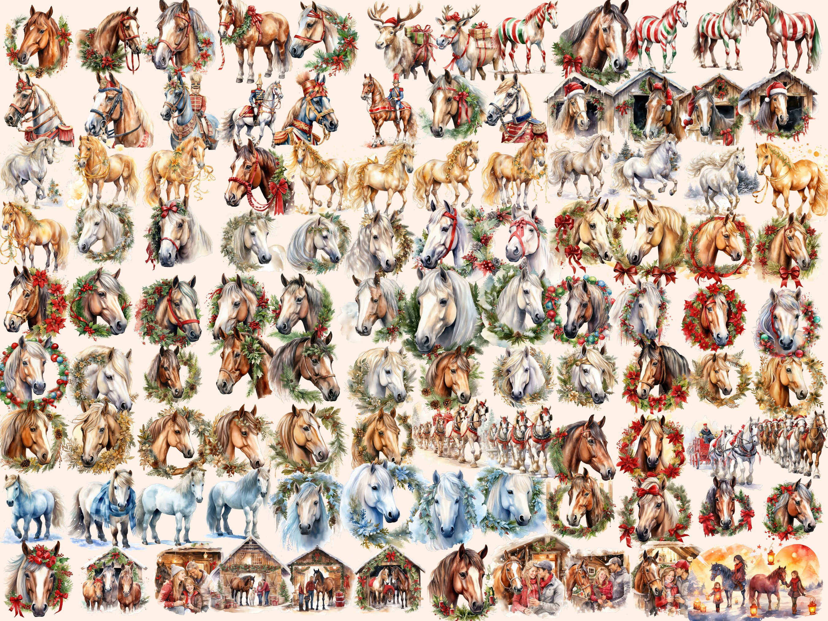 Christmas Horses Watercolor Clipart Bundle: 572 PNG Images (digital ...