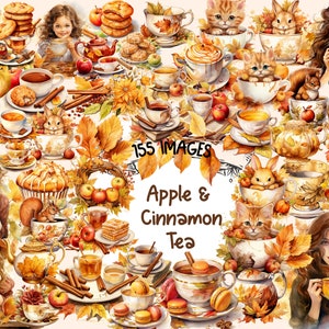 Apple & Cinnamon Tea Watercolor Clipart Bundle - 155 PNG Fall Teacup Images, Cozy Tea Time Graphics, Instant Digital Download,Commercial Use