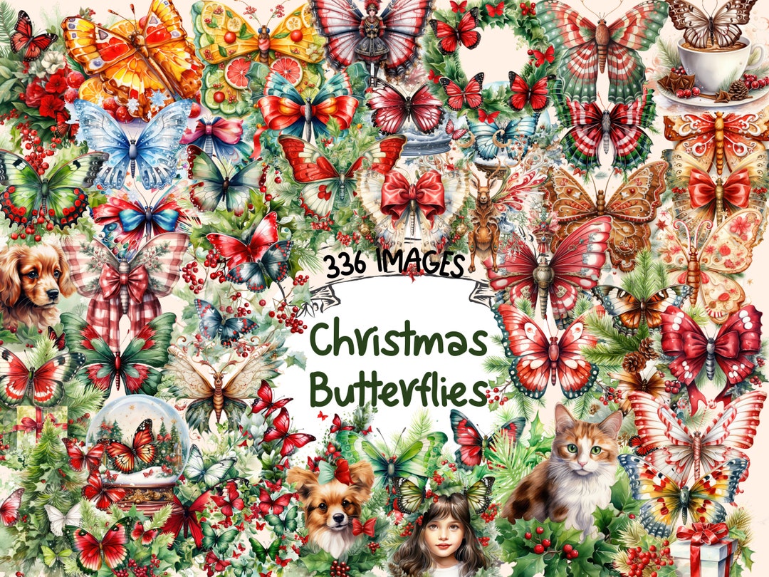 Christmas Butterflies Watercolor Clipart Bundle 336 PNG Festive