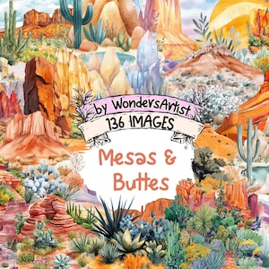 Watercolor Desert Landscape Clipart Bundle: Mesas & Buttes (136 PNG Images) (Commercial Use) (Instant Download)