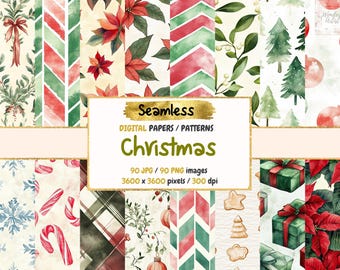 May include: A digital paper pack with 90 seamless Christmas patterns. The patterns include red and green plaid, snowflakes, candy canes, poinsettias, Christmas trees, and ornaments. The patterns are 3600 x 3600 pixels and 300 dpi.