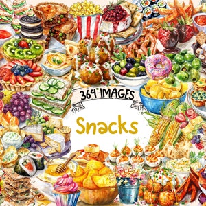 Snacks Watercolor Clipart Bundle - 364 PNG Tasty Assorted Snacks Images, Quick Bite Foods Graphics, Instant Digital Download, Commercial Use