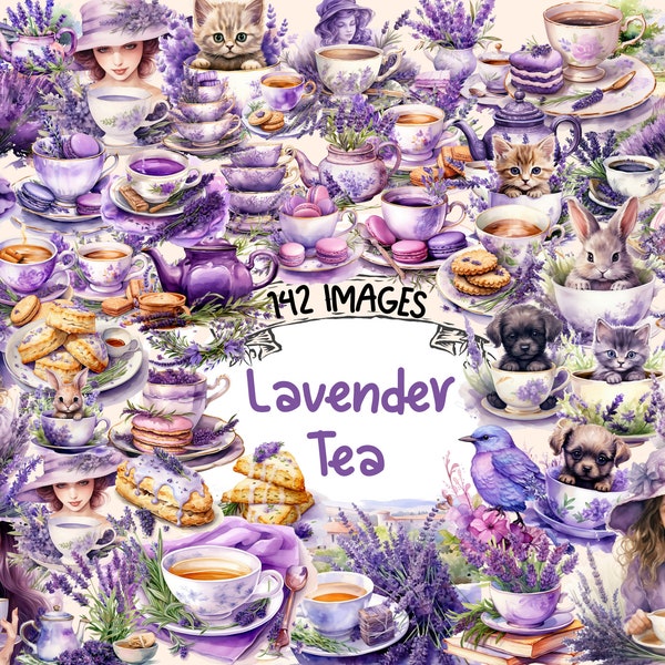 Lavande thé aquarelle Clipart Bundle - 142 PNG images de tasse de thé mignon, apaisant thé temps graphiques, téléchargement numérique instantané, usage Commercial