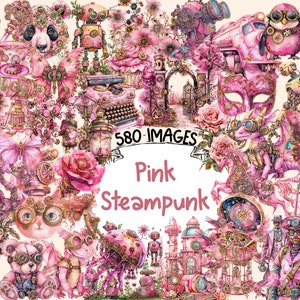 Pink Steampunk Watercolor Clipart Bundle - 580 Rosy Steampunk Images, Industrial Graphics in Pink, Instant Digital Download, Commercial Use