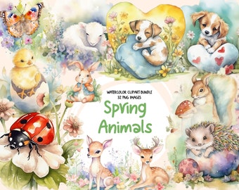 Watercolor Spring Animals Clipart - 32 Cute Baby Pets, Magical Enchanted Fairytale Style, Adorable Springtime, PNG, Instant Digital Download