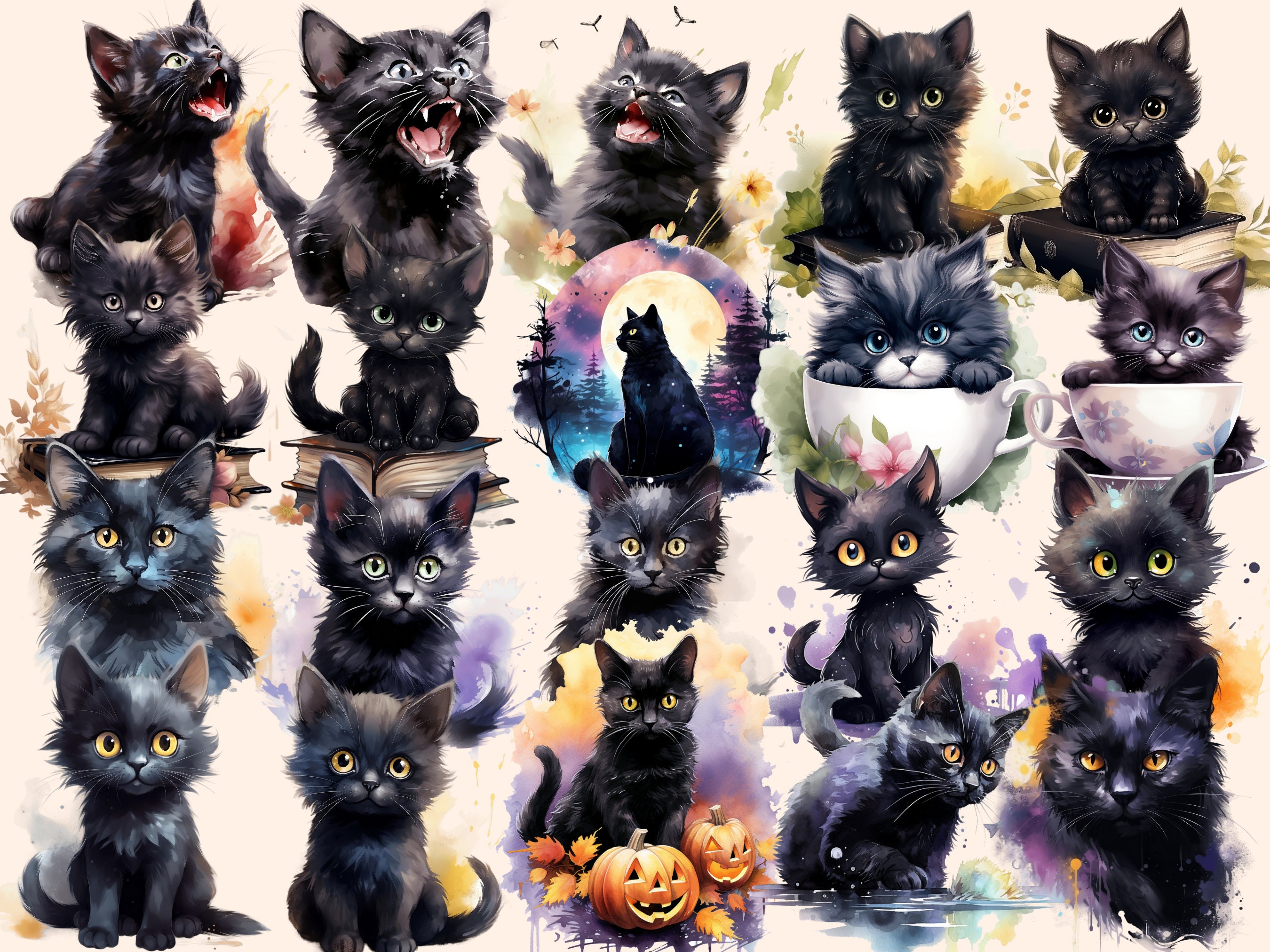 Black Cats Watercolor Clipart Bundle: 178 Feline PNG Images (digital ...
