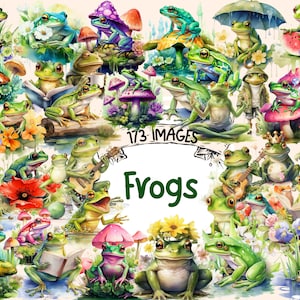 Frogs Watercolor Clipart Bundle - 173 PNG Frog Images, Green Toad Graphics, Lily Croaker Tidepools, Instant Digital Download, Commercial Use
