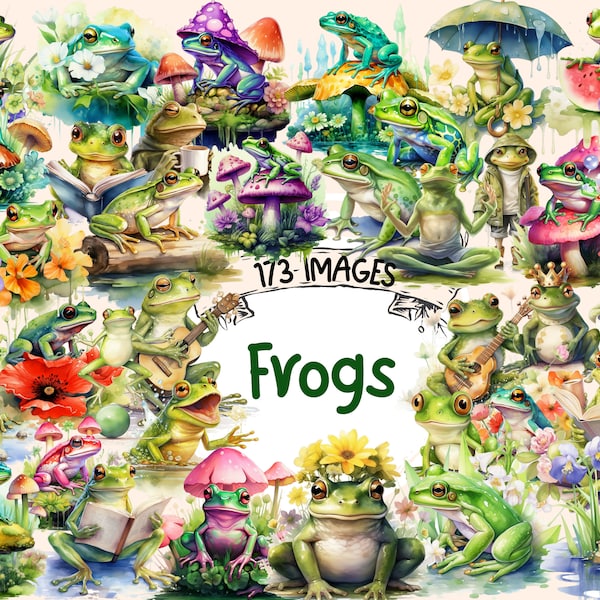 Frogs Watercolor Clipart Bundle - 173 PNG Frog Images, Green Toad Graphics, Lily Croaker Tidepools, Instant Digital Download, Commercial Use