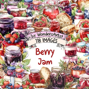 Berry Jam Watercolor Clipart Bundle - 118 PNG Jam Images, Sweet Berry Illustrations, Rustic Kitchen Decor, Instant Download, Commercial Use
