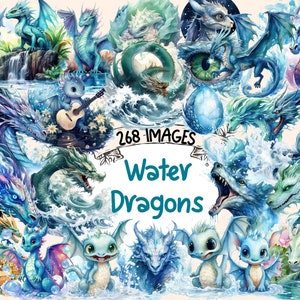 Water Dragons Watercolor Clipart Bundle - 268 PNG Aquatic Dragon Images, Mystical Creature Graphics, Instant Digital Download,Commercial Use
