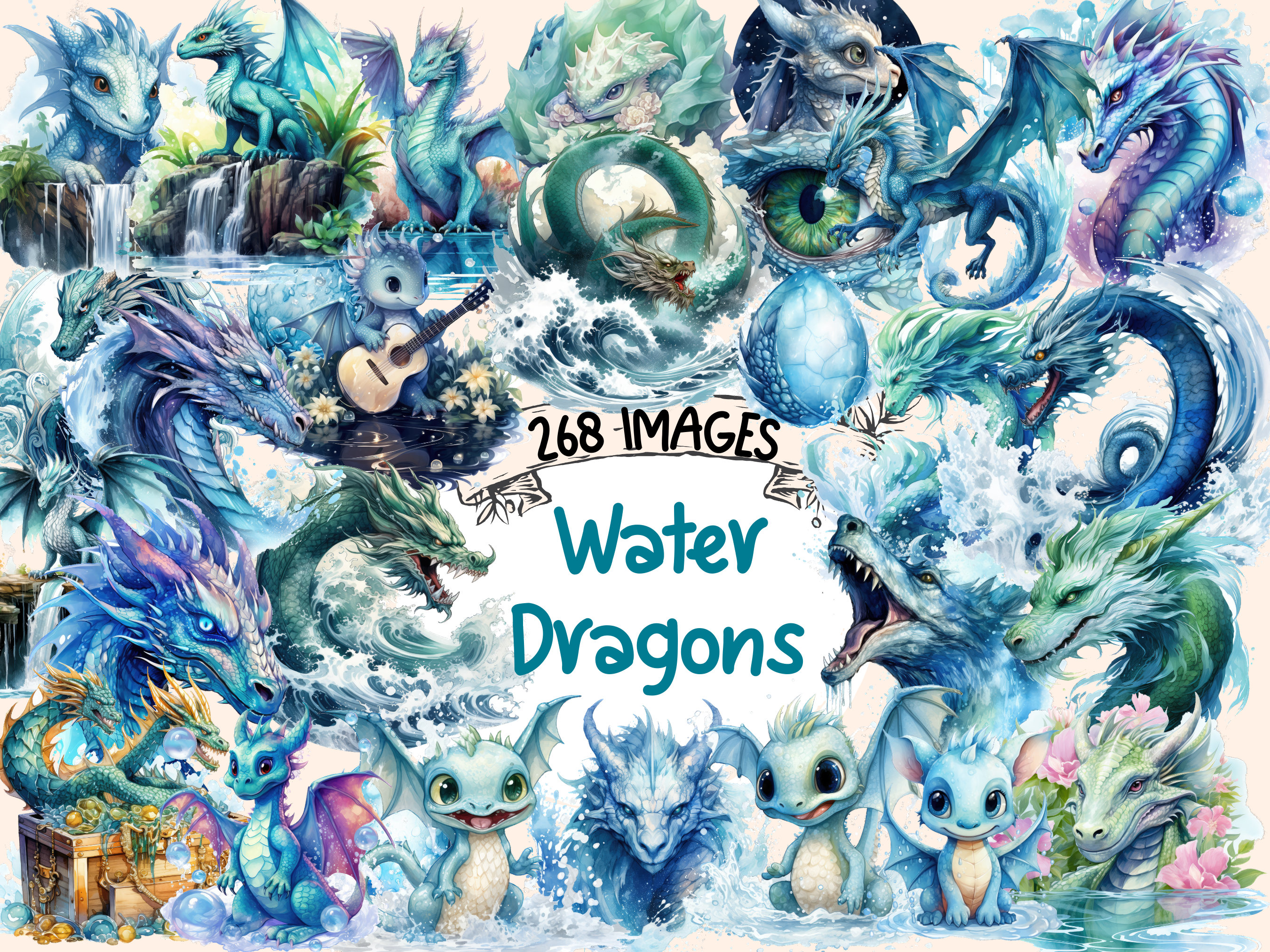 Watercolor Water Dragons Clipart Bundle: 268 PNG Graphics (Digital Download)